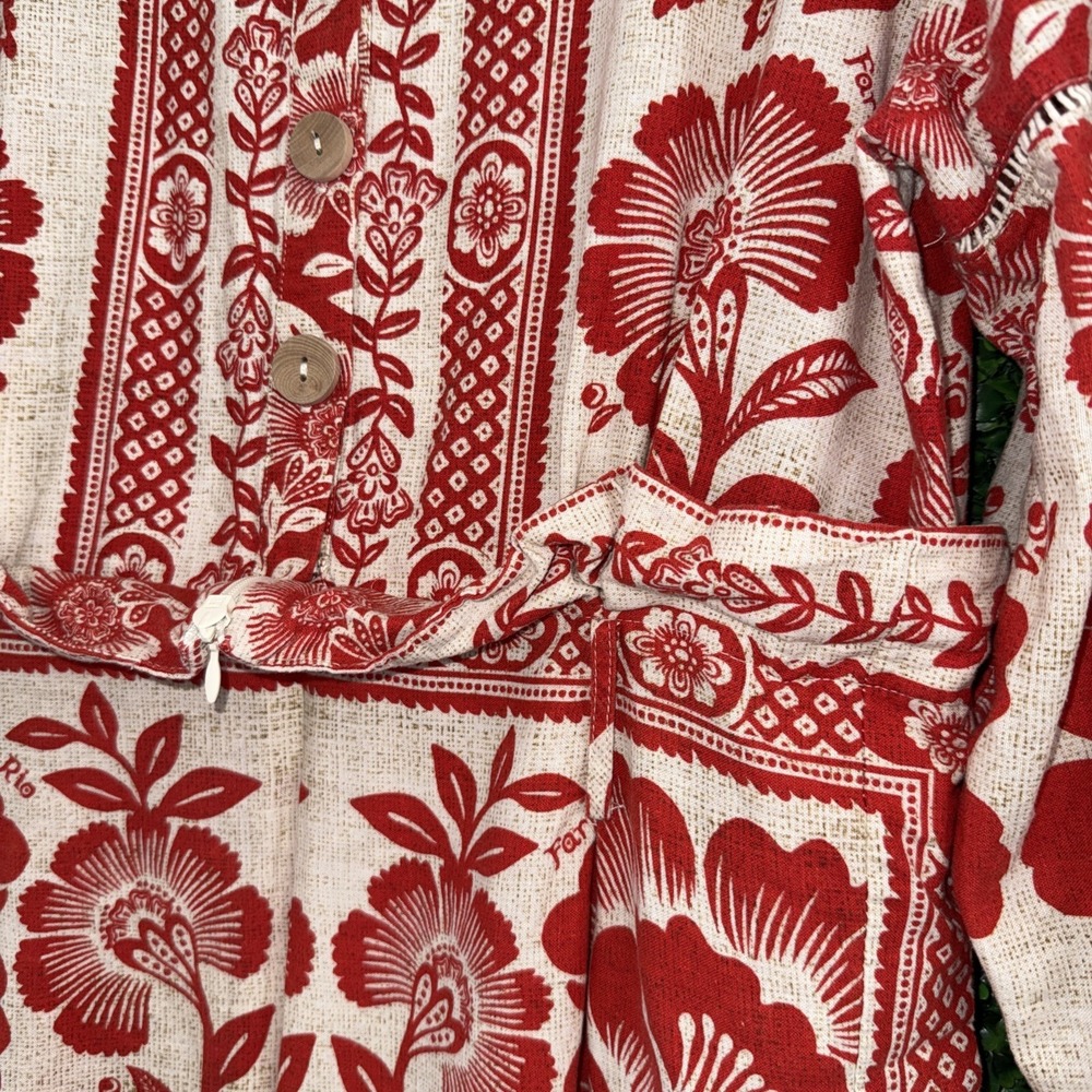 Farm Rio Womens Floral Jumpsuit Romper Long Sleeve L Red White MISSING BELT - Picture 2 of 4